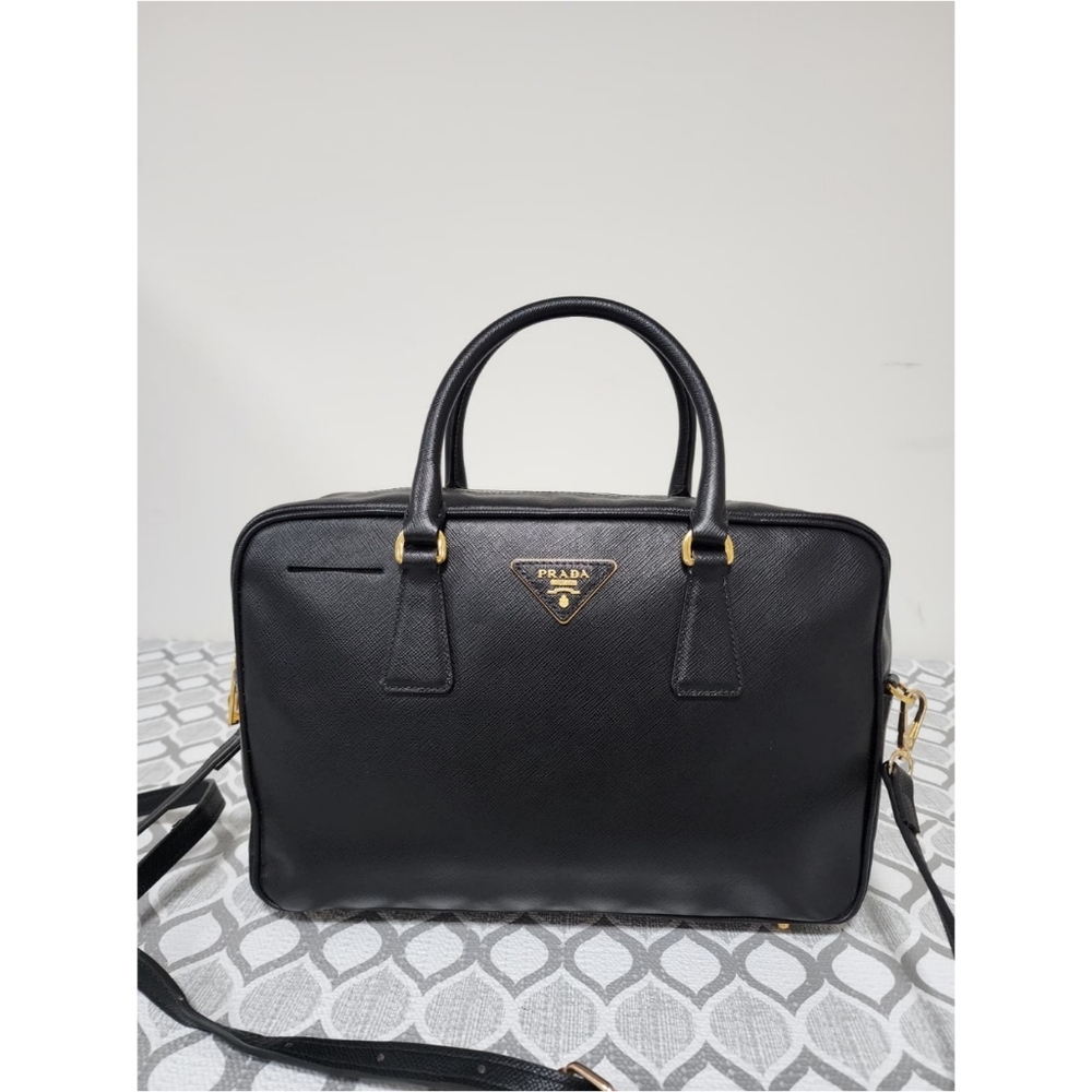 PRADA Saffiano Lux Leather Top Handle Bauletto Bag Black